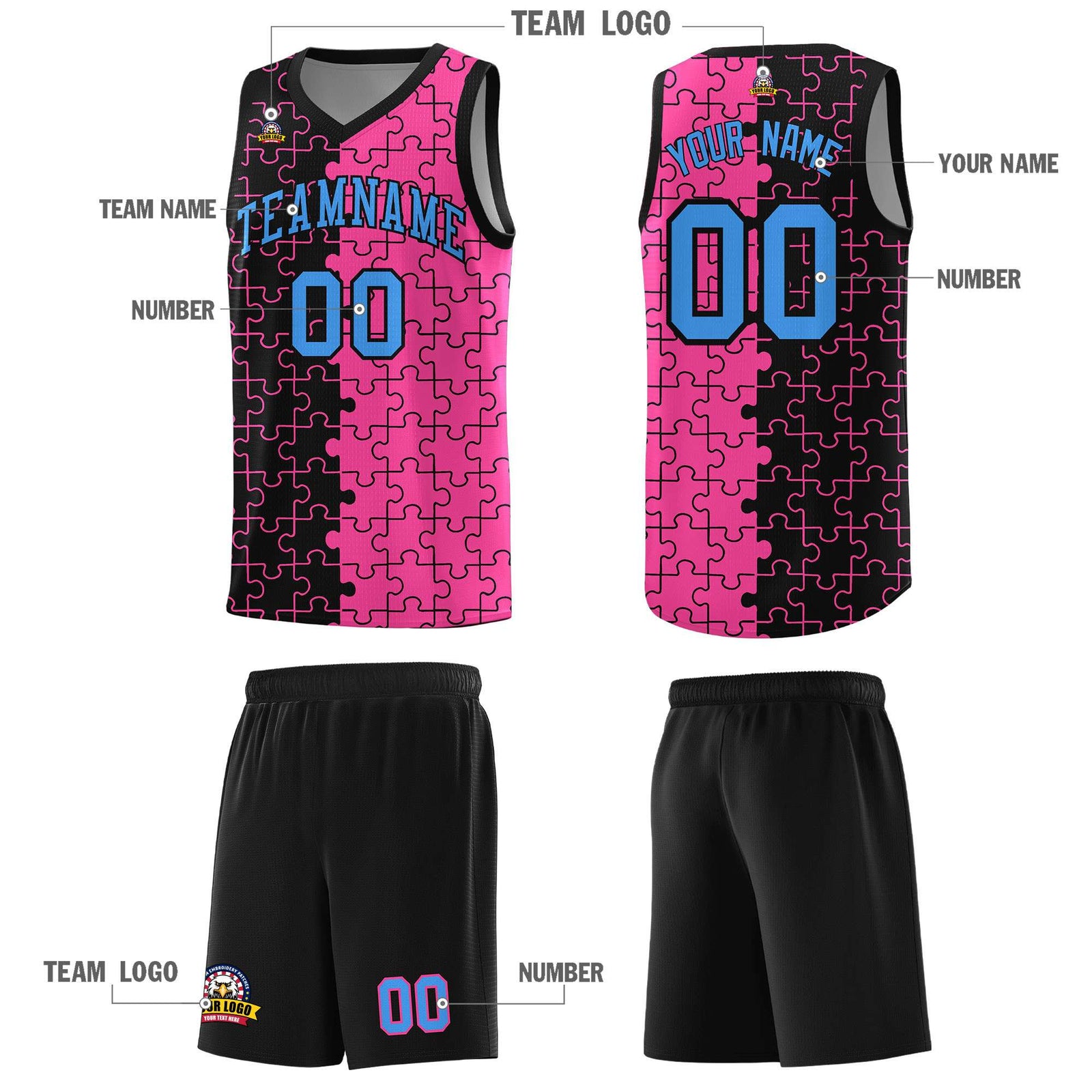 Custom Youth Basketball Jersey Black Pink Puzzle Pattern Add Name, Number & Team Logo