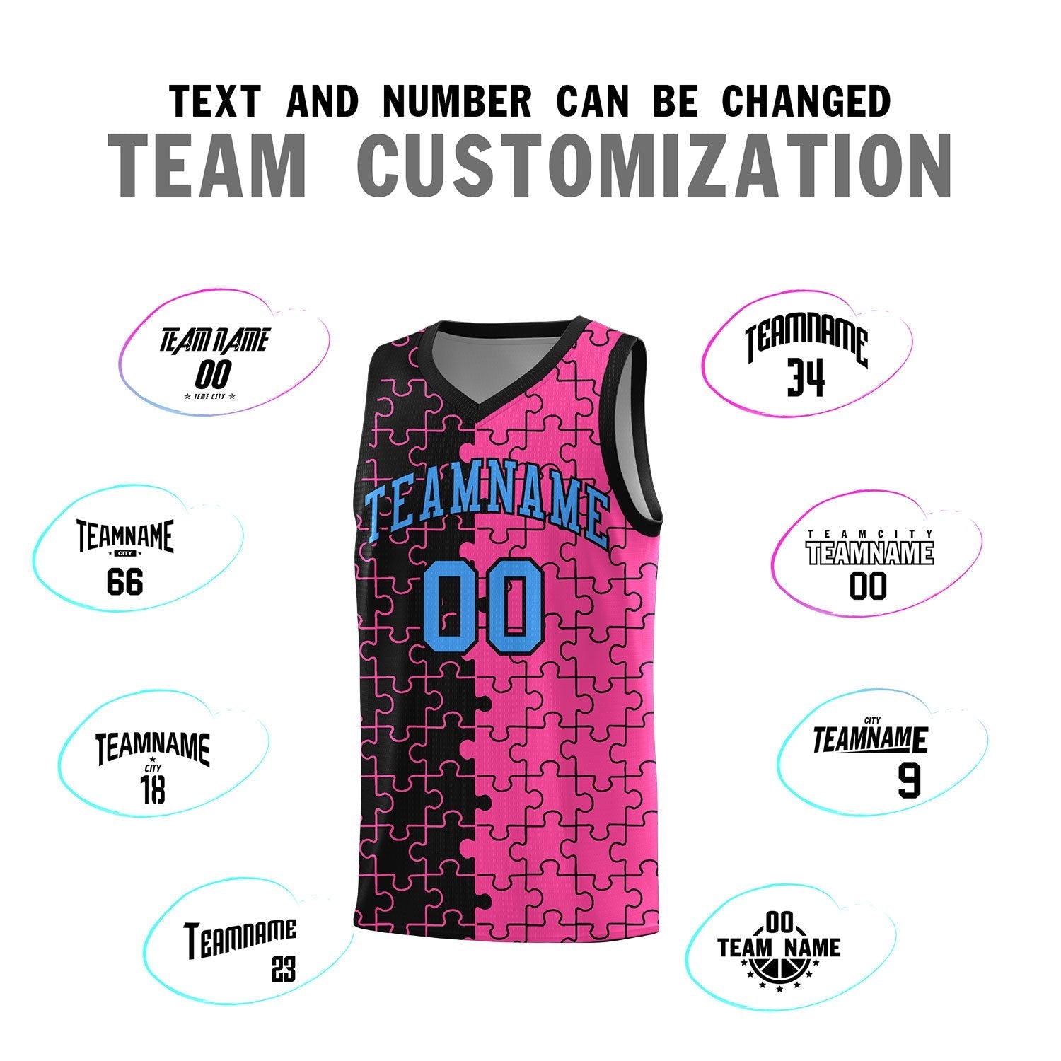 Custom Youth Basketball Jersey Black Pink Puzzle Pattern Add Name, Number & Team Logo