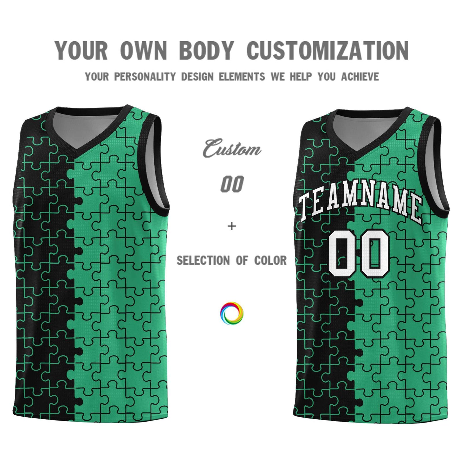 Custom Youth Basketball Jersey Black Green Puzzle Pattern Personalized Team Uniform