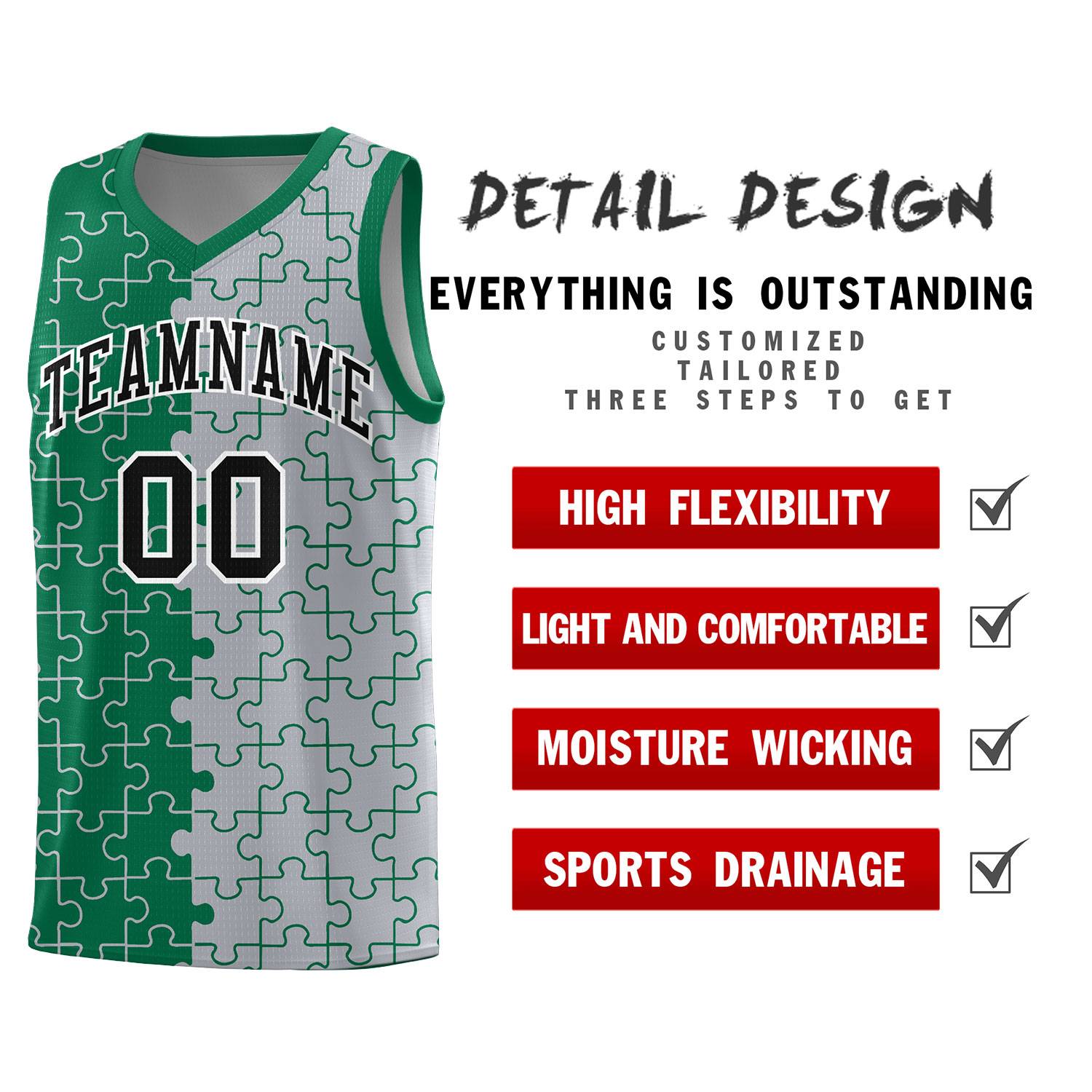 Custom Youth Basketball Jersey Kelly Green Gray Puzzle Pattern Add Name, Number & Team Logo