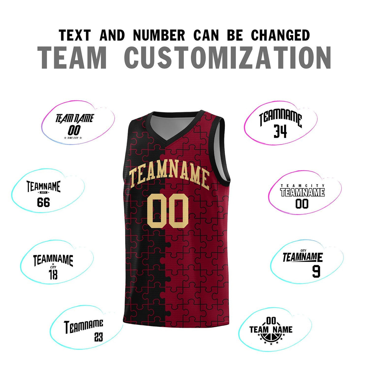 Custom Youth Basketball Jersey Black Crimson Puzzle Pattern Breathable Team Uniform