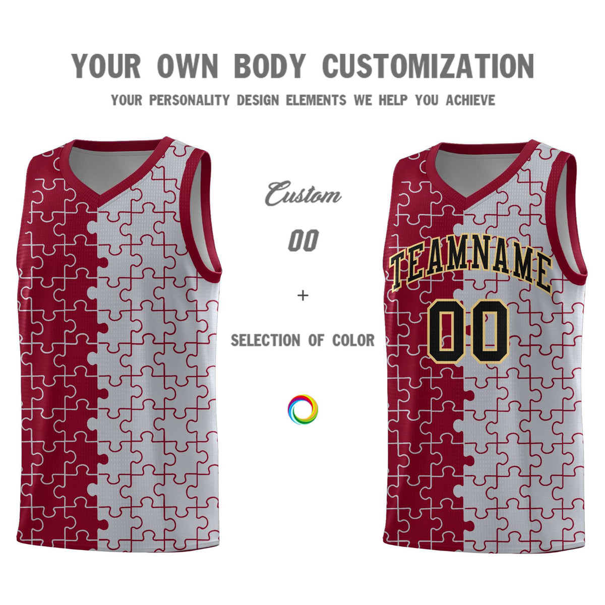 Custom Youth Basketball Jersey Crimson Gray Puzzle Pattern Moisture-Wicking Team Uniform