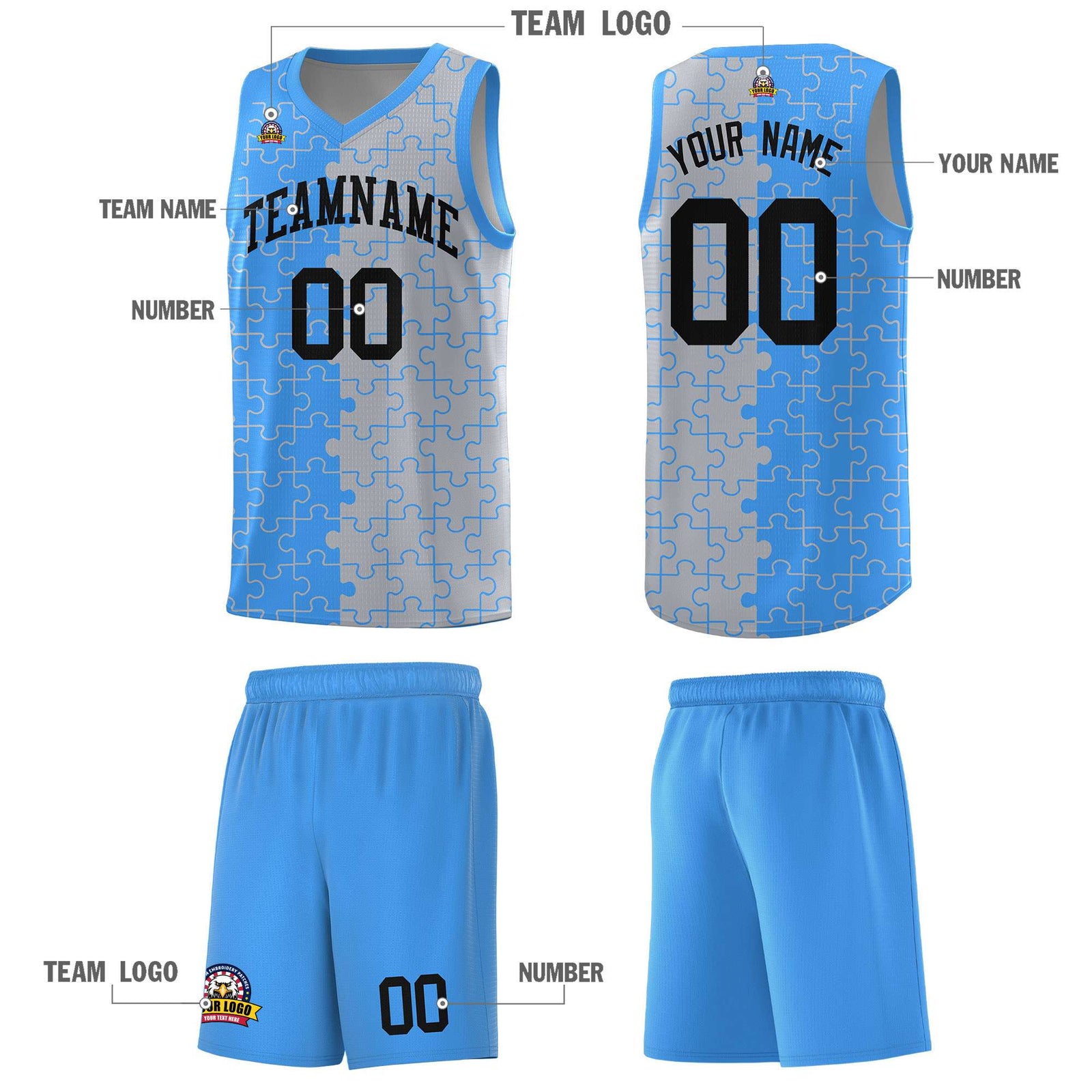 Custom Youth Basketball Jersey Light Blue Gray Puzzle Pattern Add Name, Number & Team Logo