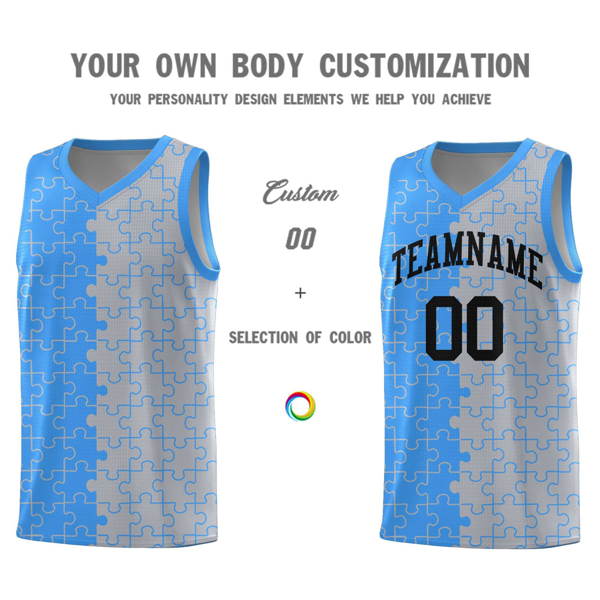 Custom Youth Basketball Jersey Light Blue Gray Puzzle Pattern Add Name, Number &amp; Team Logo