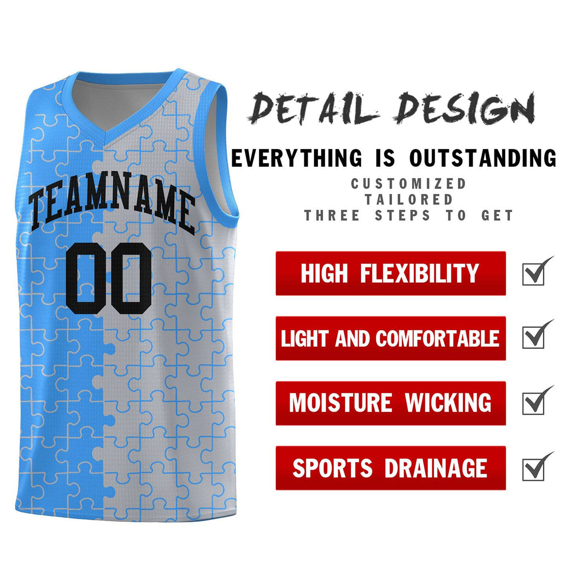Custom Youth Basketball Jersey Light Blue Gray Puzzle Pattern Add Name, Number &amp; Team Logo