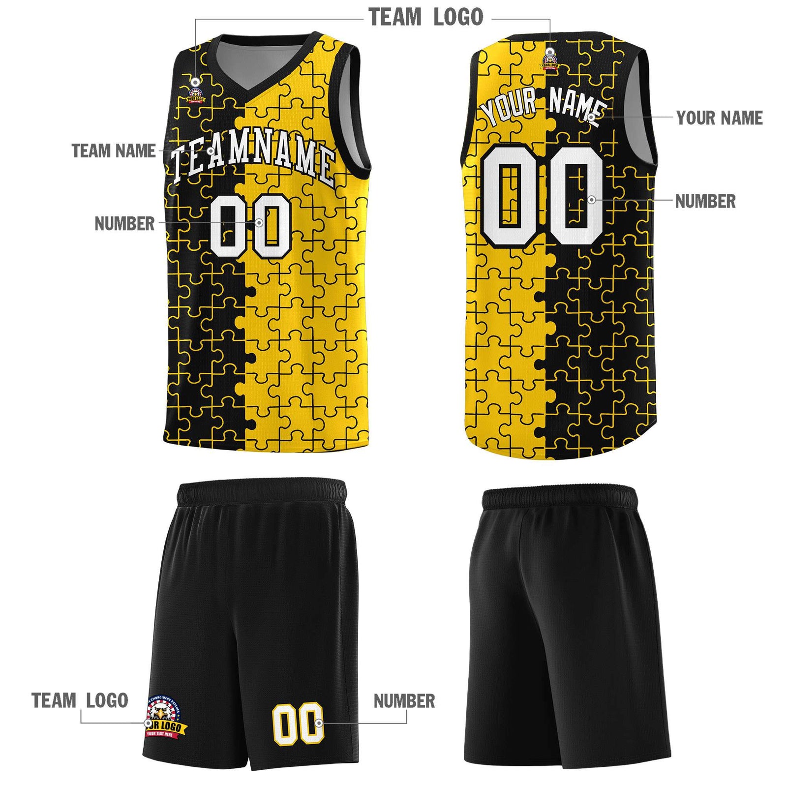 Custom Youth Basketball Jersey Black Gold Puzzle Pattern Breathable Team Uniform