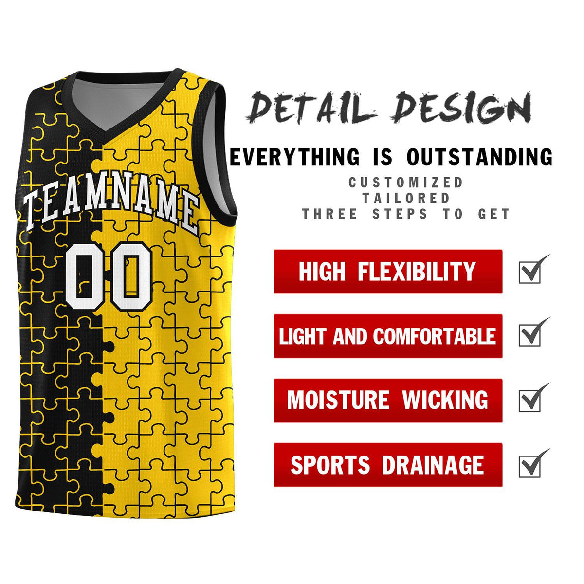Custom Youth Basketball Jersey Black Gold Puzzle Pattern Breathable Team Uniform