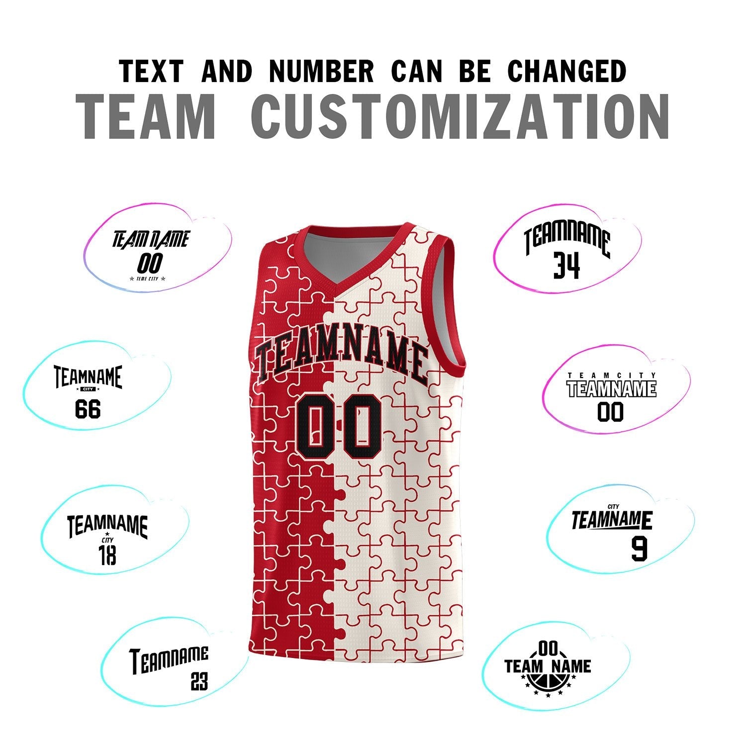 Custom Youth Basketball Jersey Red Cream Puzzle Pattern Moisture-Wicking Team Uniform