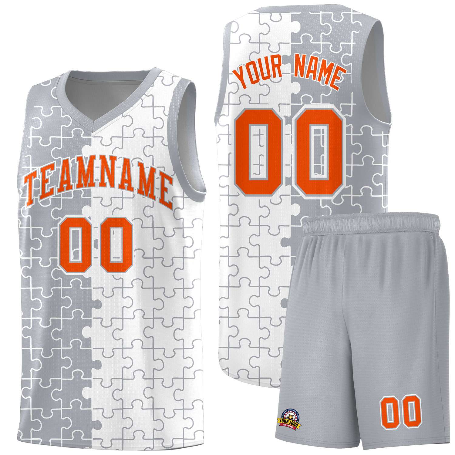 Custom Youth Basketball Jersey Gray White Puzzle Pattern Breathable Team Uniform