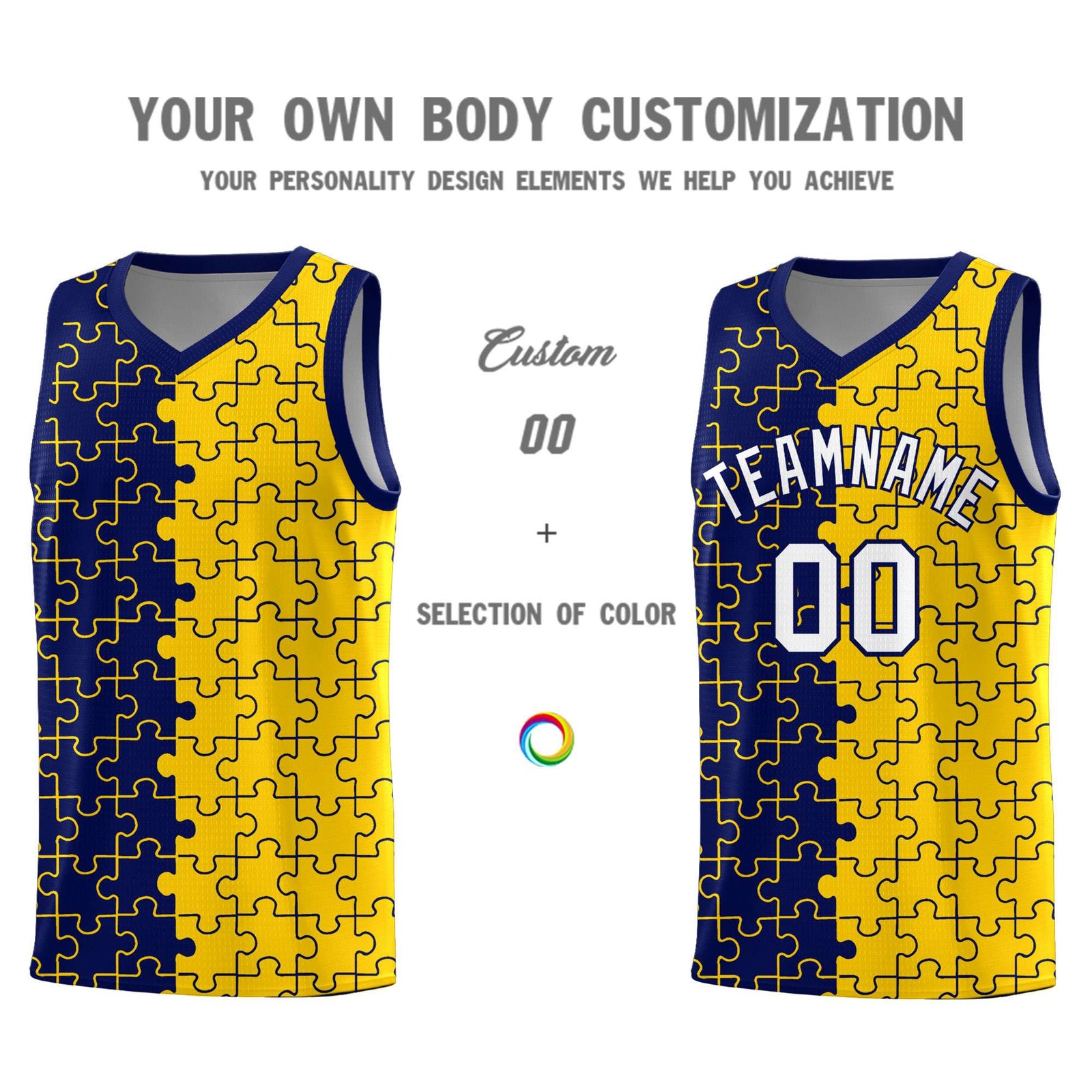Custom Youth Basketball Jersey Navy Gold Puzzle Pattern Personalized Team Uniform