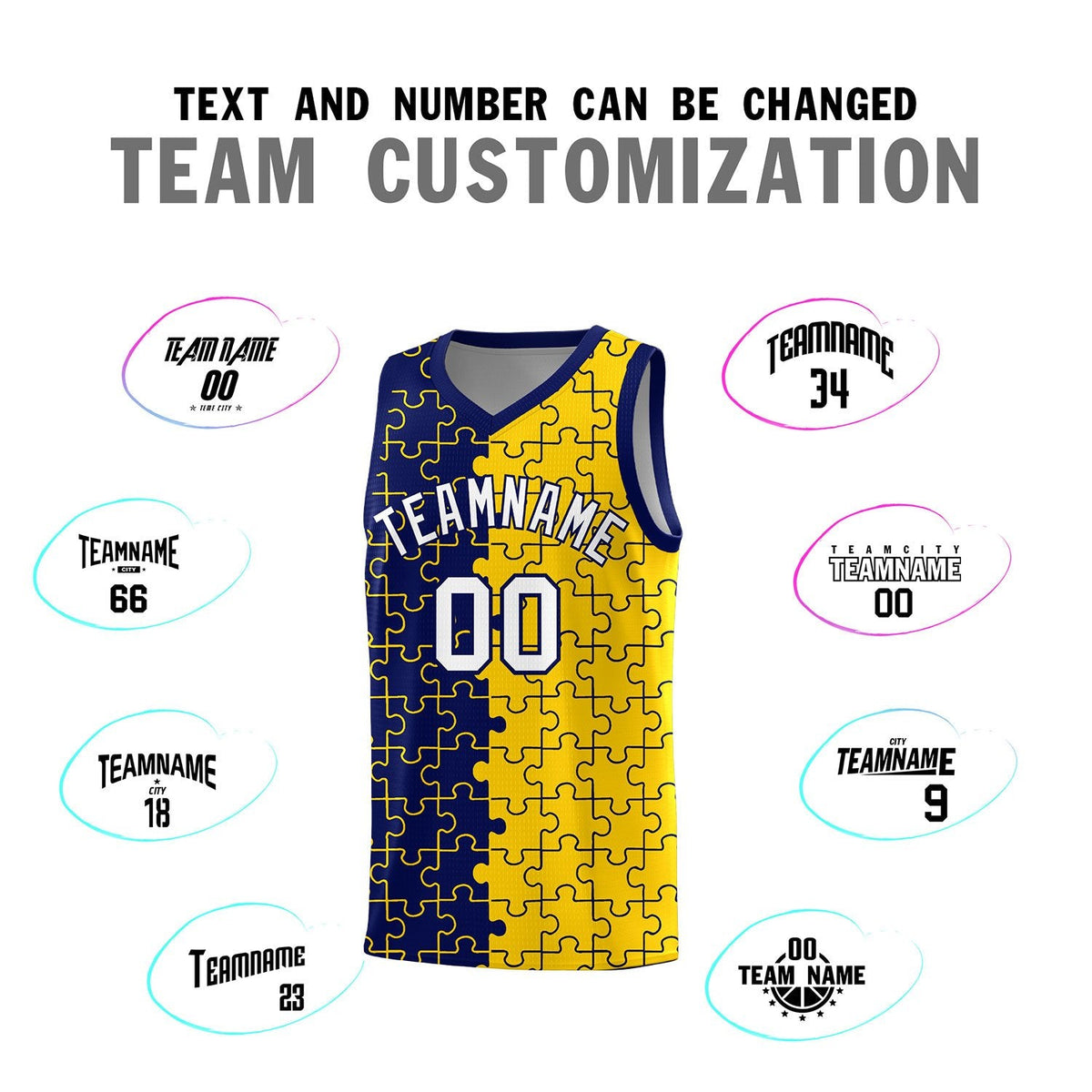 Custom Youth Basketball Jersey Navy Gold Puzzle Pattern Personalized Team Uniform