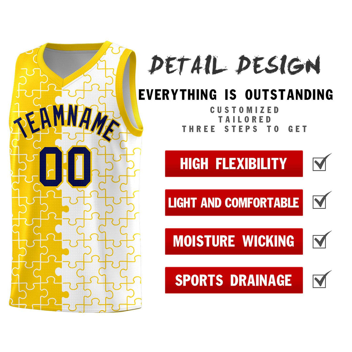 Custom Youth Basketball Jersey Gold White Puzzle Pattern Add Name, Number &amp; Team Logo
