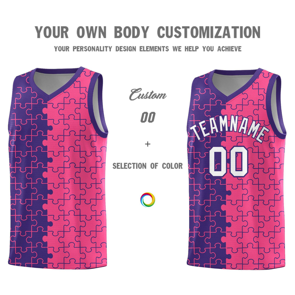 Custom Youth Basketball Jersey Purple Pink Puzzle Pattern Breathable Team Uniform