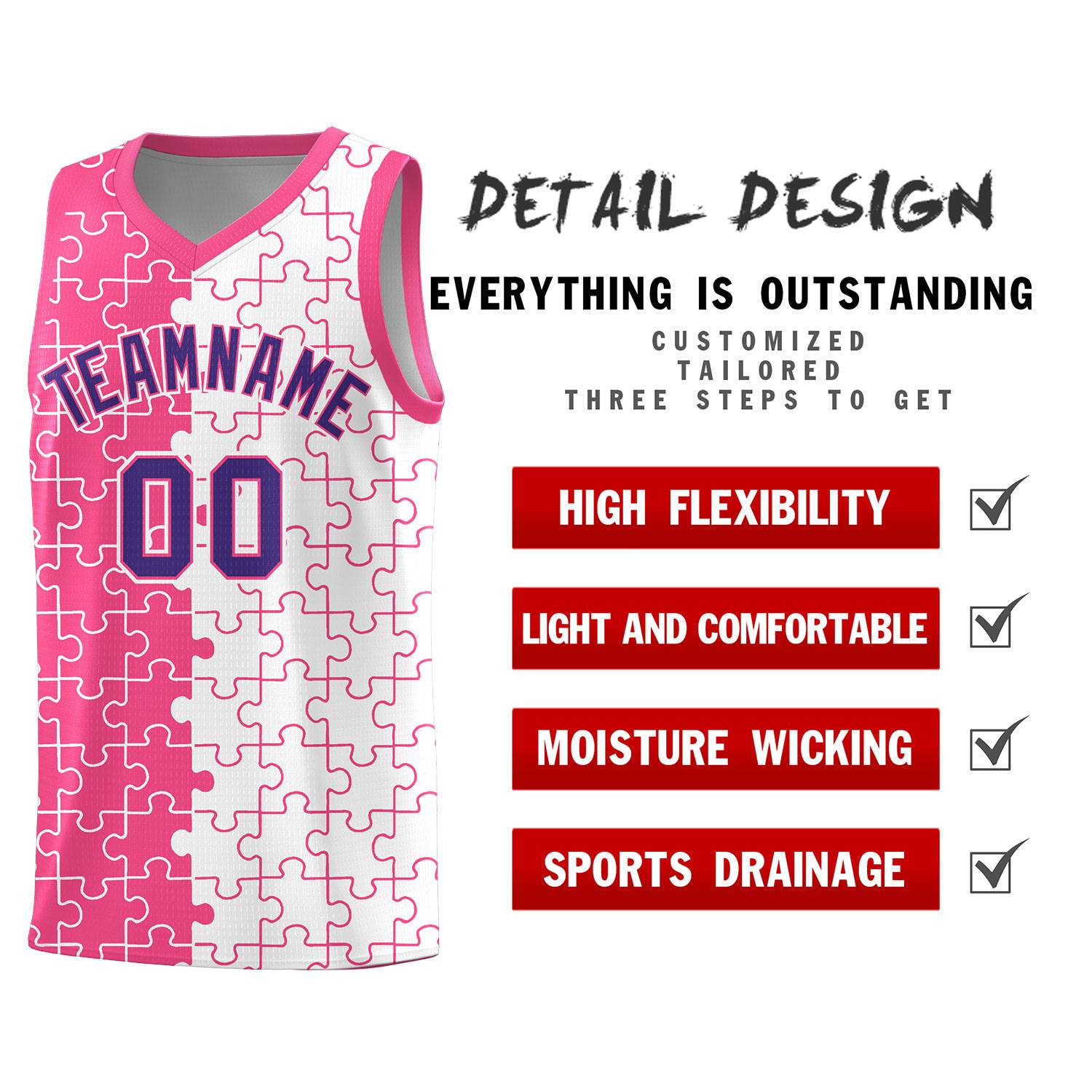 Custom Youth Basketball Jersey Pink White Puzzle Pattern Moisture-Wicking Team Uniform