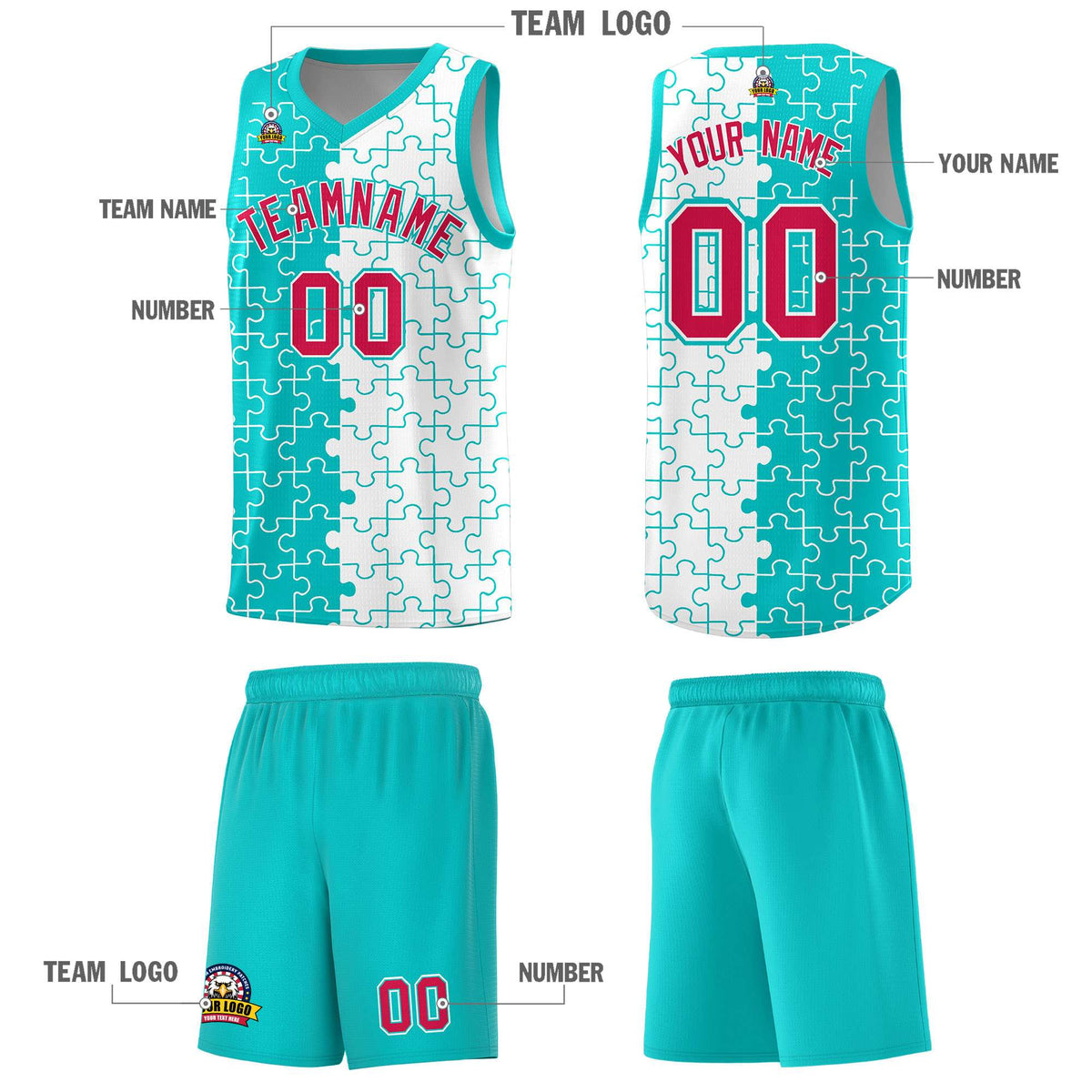 Custom Youth Basketball Jersey Aqua White Puzzle Pattern Personalized Team Uniform