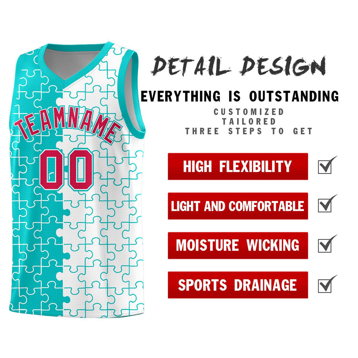 Custom Youth Basketball Jersey Aqua White Puzzle Pattern Personalized Team Uniform
