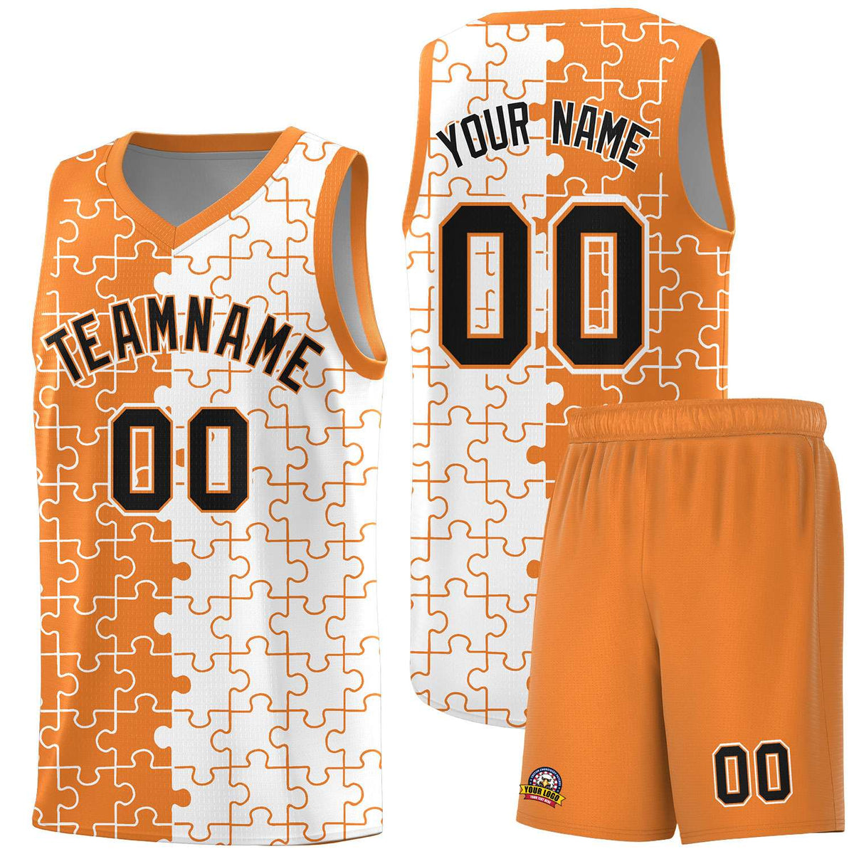 Custom Youth Basketball Jersey Gold Orange White Puzzle Pattern Breathable Team Uniform