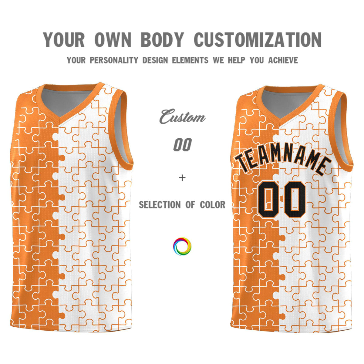 Custom Youth Basketball Jersey Gold Orange White Puzzle Pattern Breathable Team Uniform