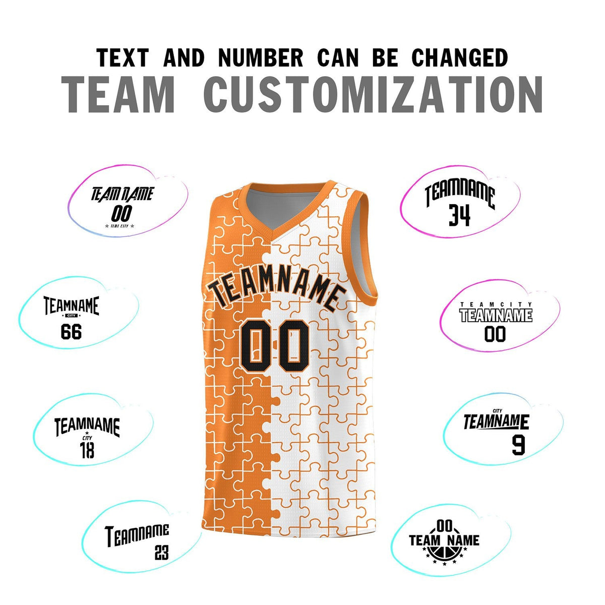 Custom Youth Basketball Jersey Gold Orange White Puzzle Pattern Breathable Team Uniform