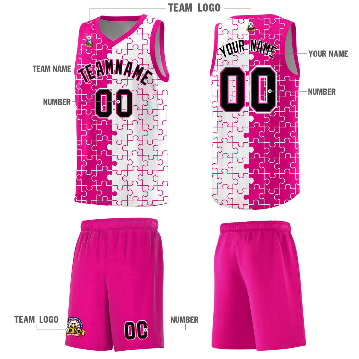 Custom Youth Basketball Jersey Pink White Puzzle Pattern Personalized Team Uniform