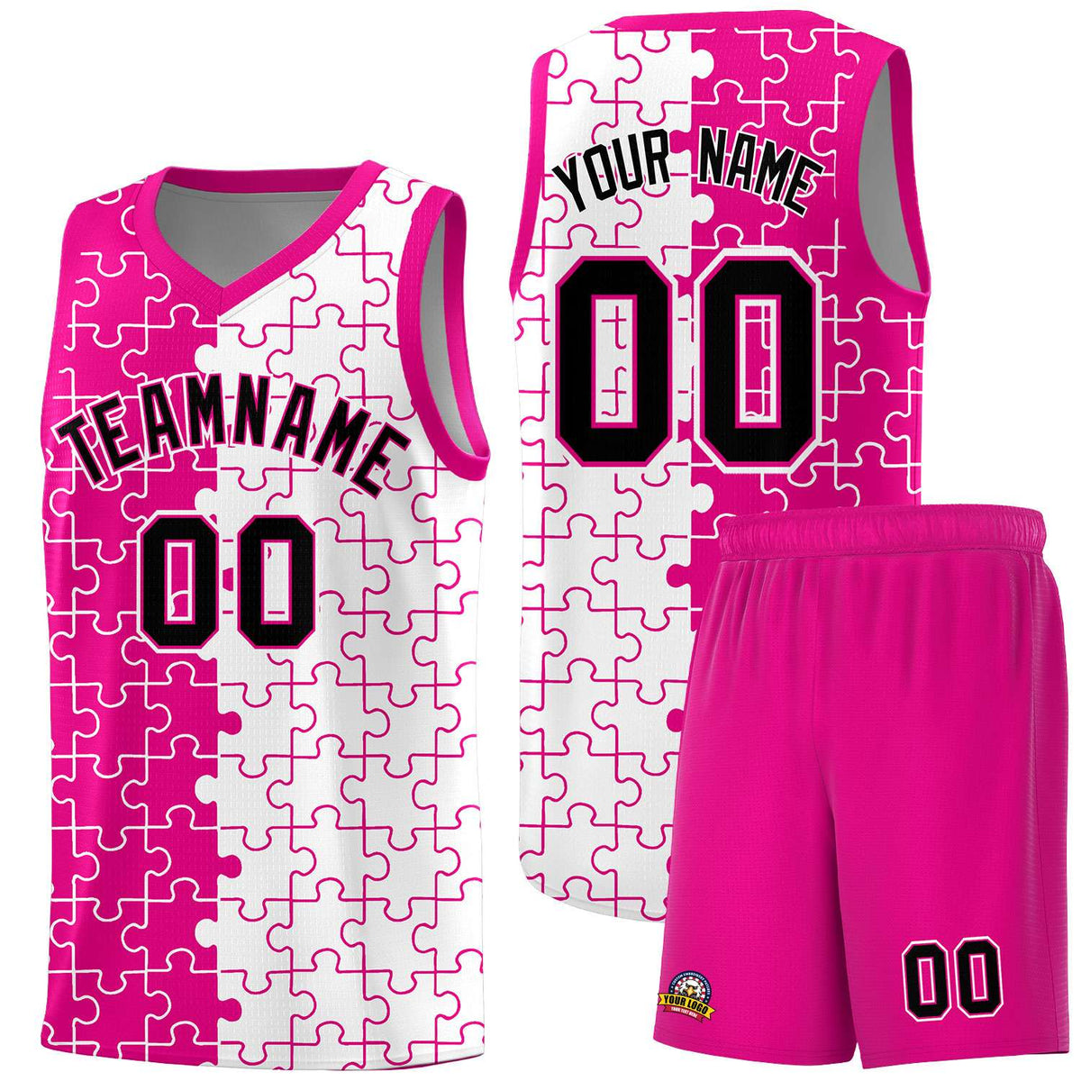 Custom Youth Basketball Jersey Pink White Puzzle Pattern Personalized Team Uniform