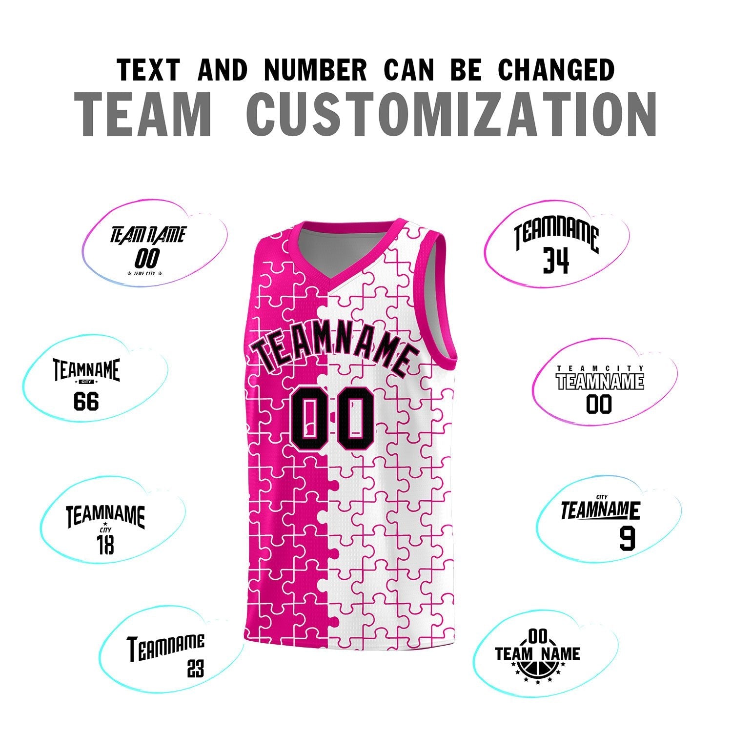 Custom Youth Basketball Jersey Pink White Puzzle Pattern Personalized Team Uniform