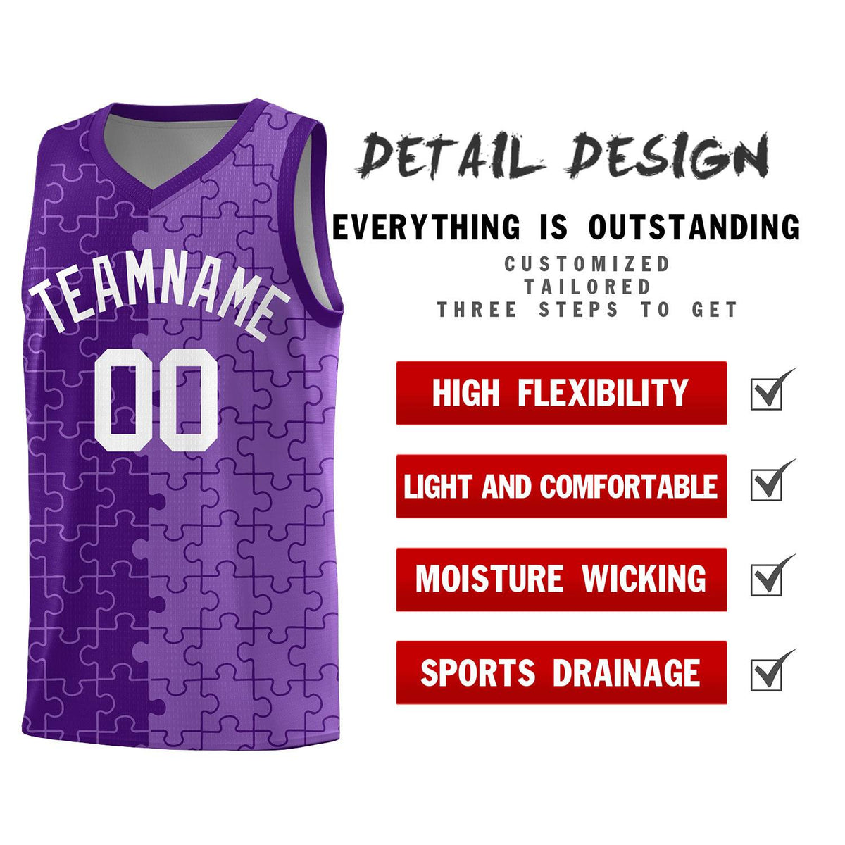 Custom Youth Basketball Jersey Purple Light Purple Puzzle Pattern Add Name, Number &amp; Team Logo