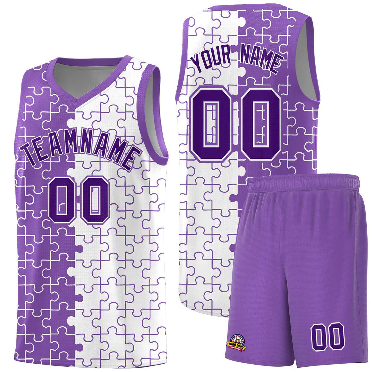 Custom Youth Basketball Jersey Light Purple White Puzzle Pattern Breathable Team Uniform