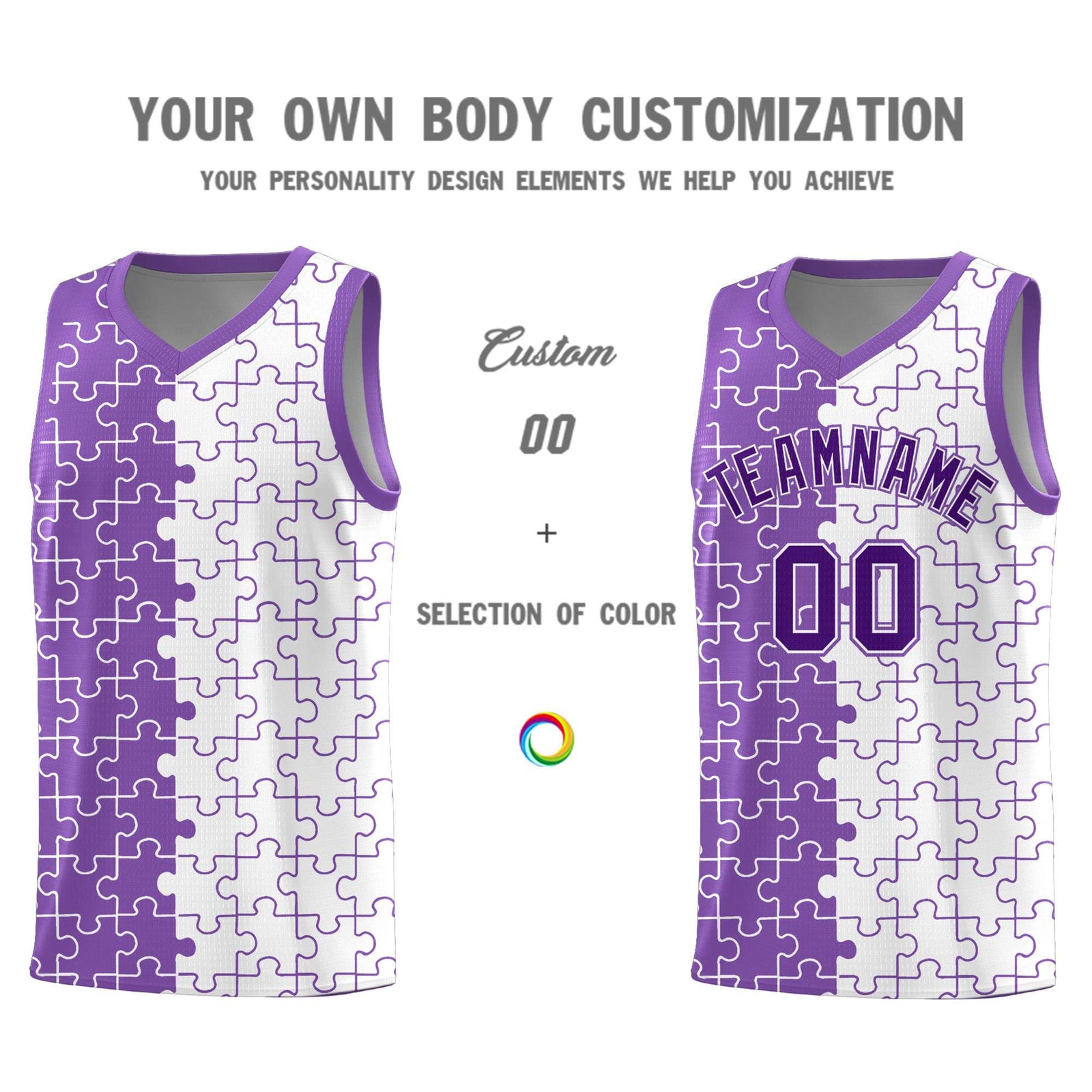 Custom Youth Basketball Jersey Light Purple White Puzzle Pattern Breathable Team Uniform