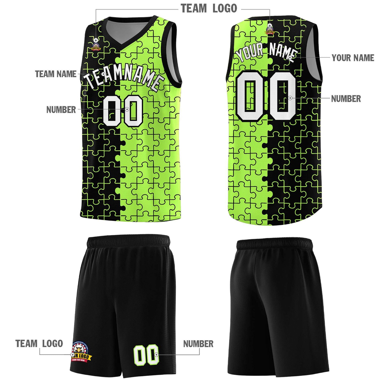 Custom Youth Basketball Jersey Black Puzzle Pattern Moisture-Wicking Team Uniform