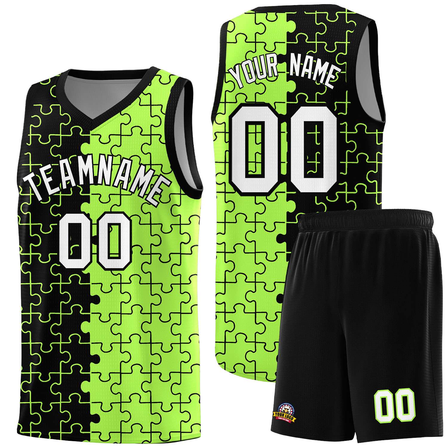 Custom Youth Basketball Jersey Black Puzzle Pattern Moisture-Wicking Team Uniform