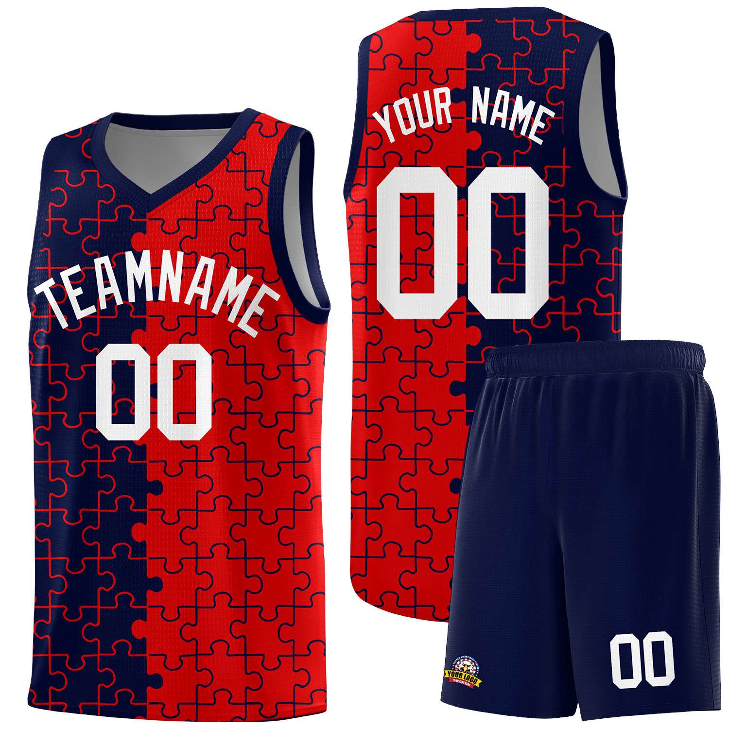 Custom Youth Basketball Jersey Navy Red Puzzle Pattern Personalized Team Uniform