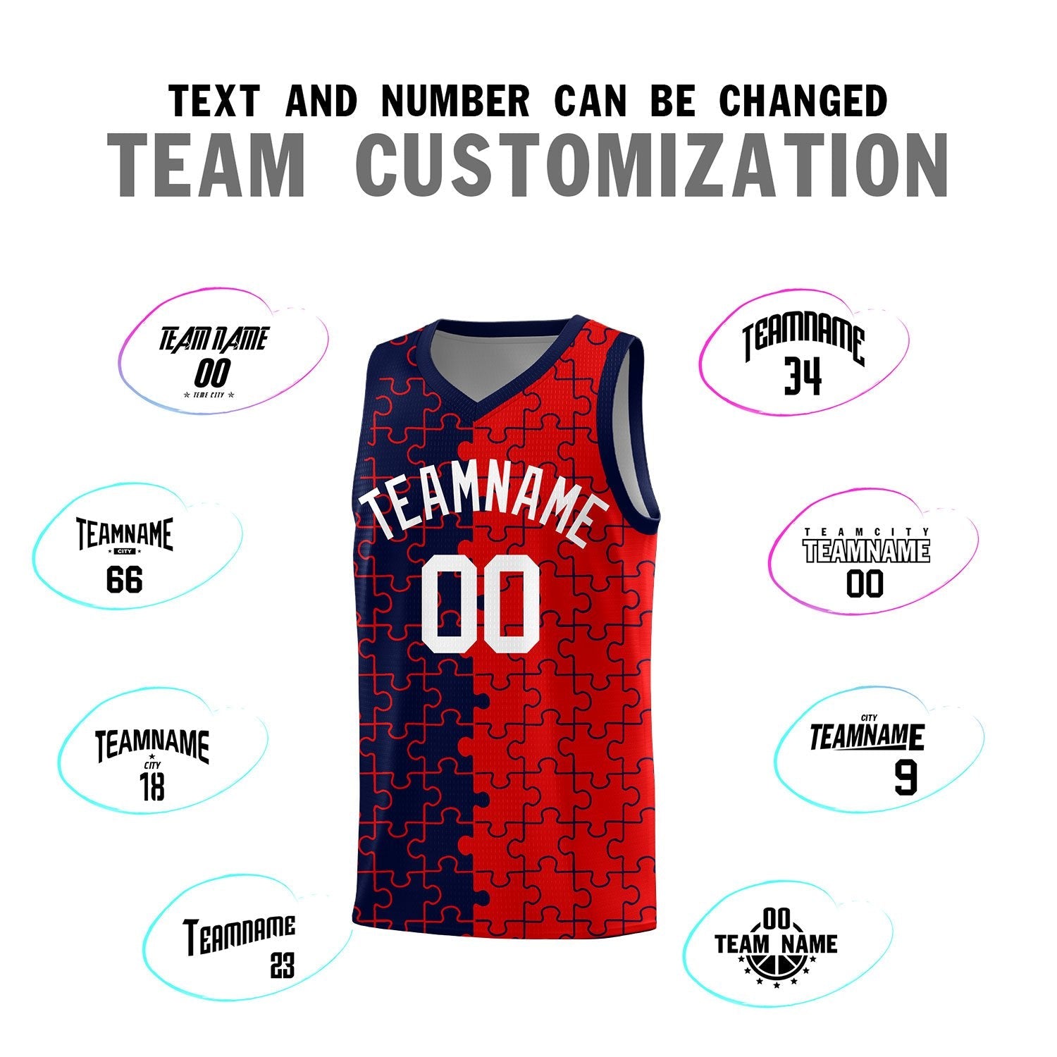 Custom Youth Basketball Jersey Navy Red Puzzle Pattern Personalized Team Uniform