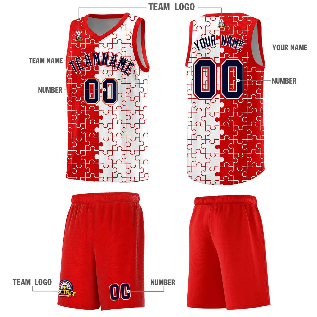 Custom Youth Basketball Jersey Red White Puzzle Pattern Add Name, Number &amp; Team Logo