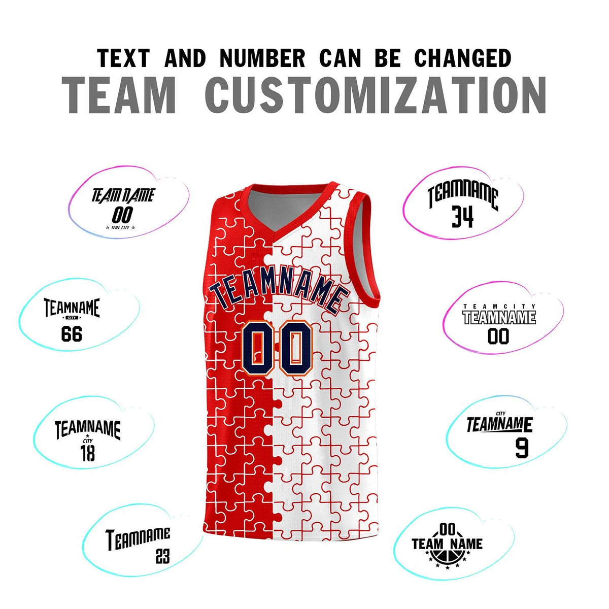 Custom Youth Basketball Jersey Red White Puzzle Pattern Add Name, Number &amp; Team Logo