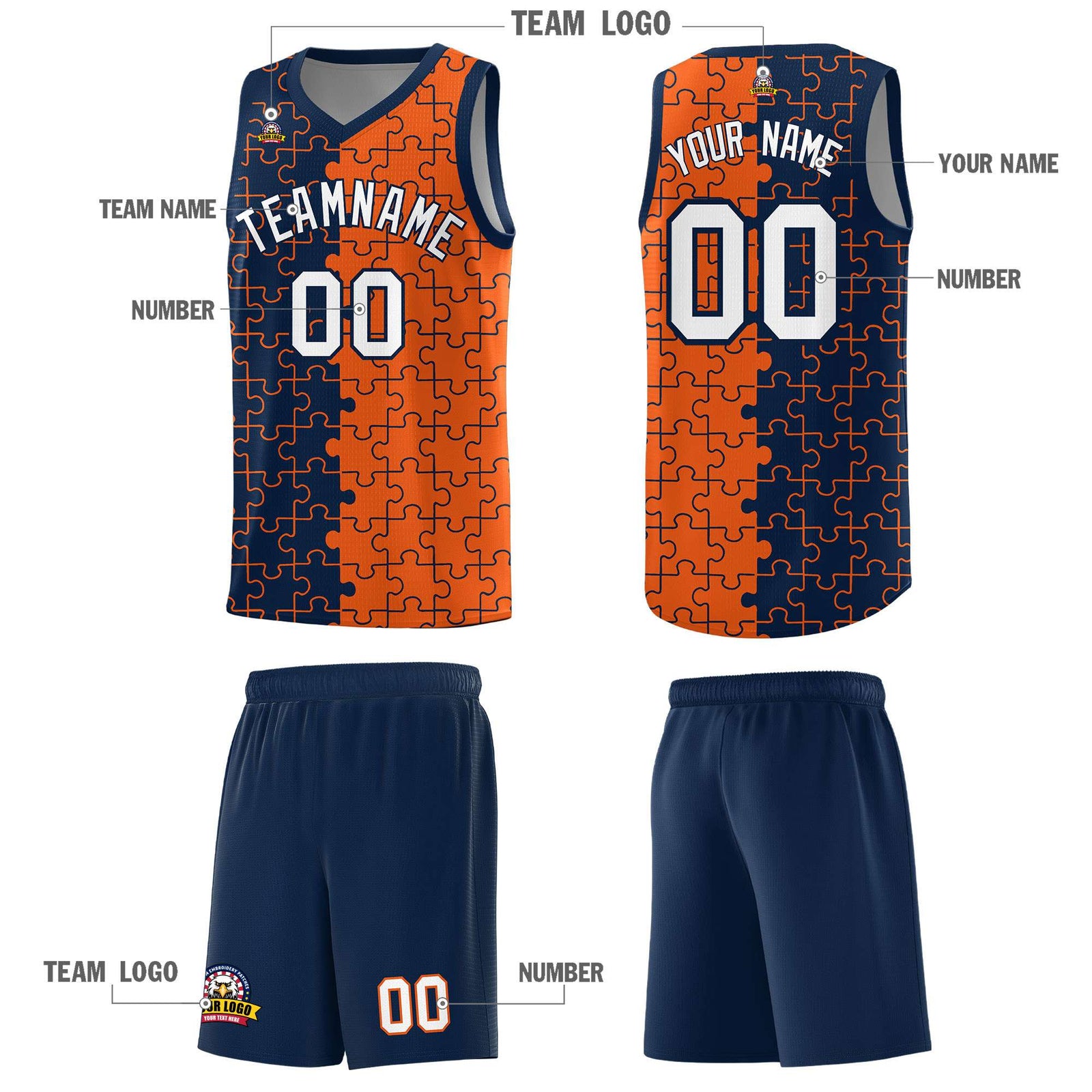 Custom Youth Basketball Jersey Navy Orange Puzzle Pattern Breathable Team Uniform