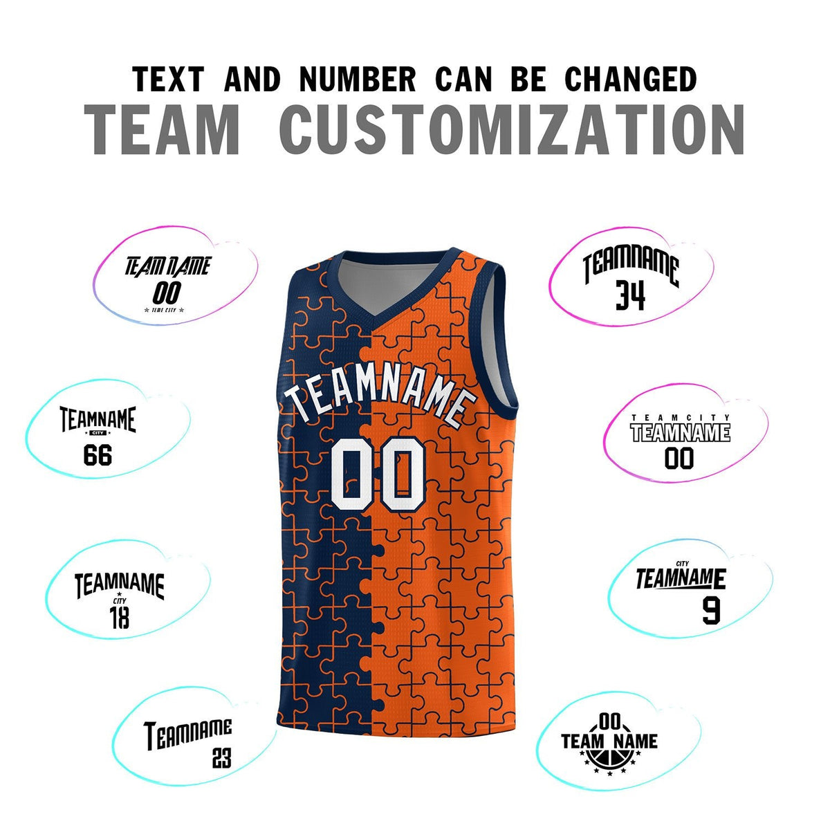 Custom Youth Basketball Jersey Navy Orange Puzzle Pattern Breathable Team Uniform