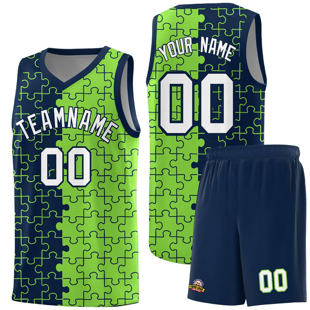 Custom Youth Basketball Jersey Navy Fluorescent Green Puzzle Pattern Moisture-Wicking Team Uniform