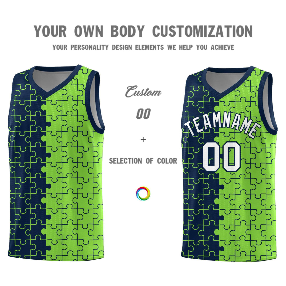 Custom Youth Basketball Jersey Navy Fluorescent Green Puzzle Pattern Moisture-Wicking Team Uniform