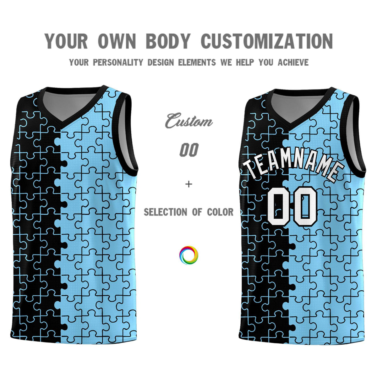 Custom Youth Basketball Jersey Black Light Blue Puzzle Pattern Add Name, Number &amp; Team Logo