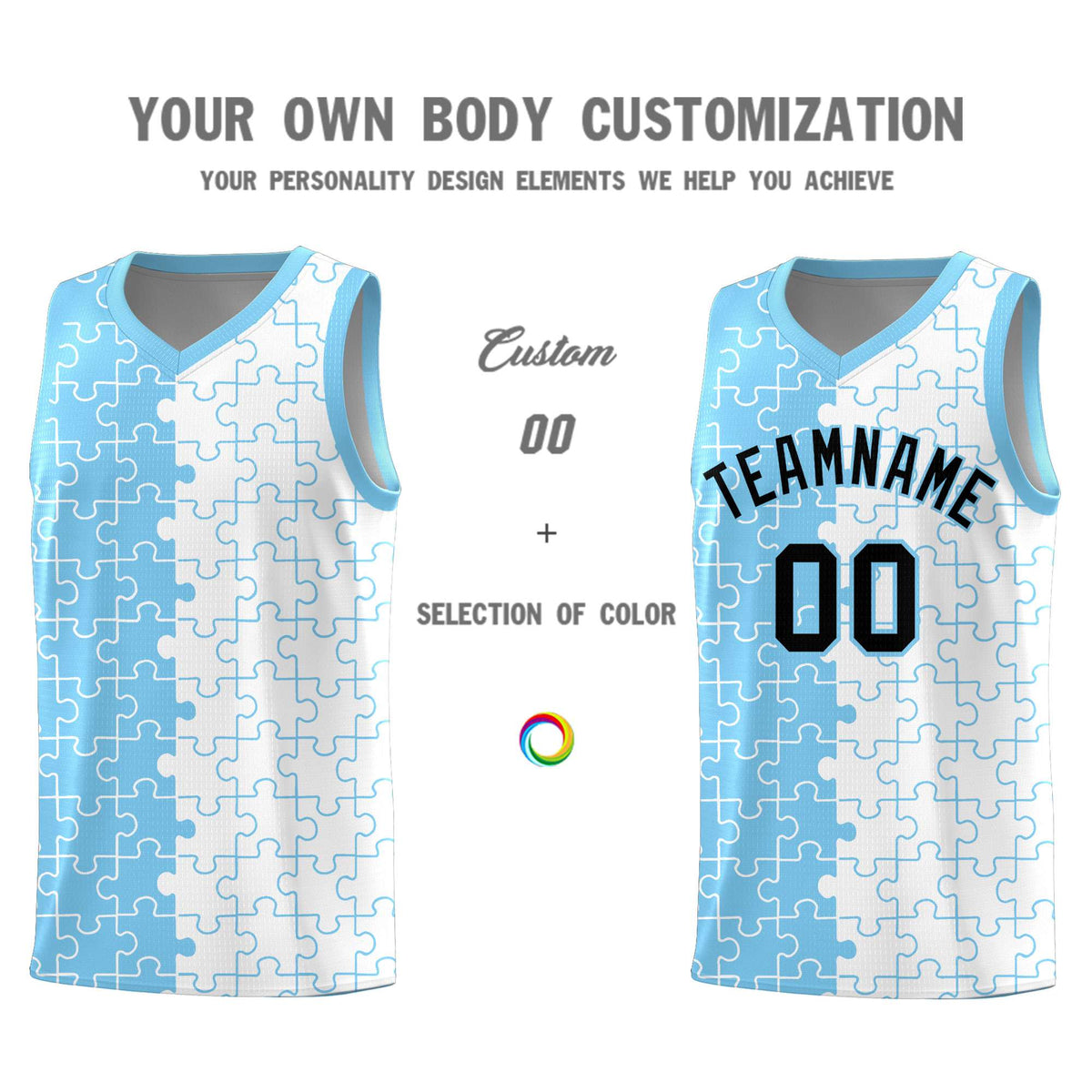 Custom Youth Basketball Jersey Light Blue White Puzzle Pattern Breathable Team Uniform
