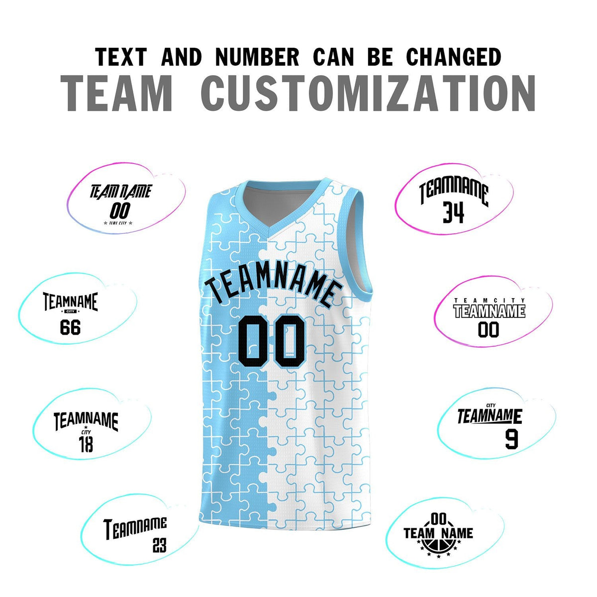 Custom Youth Basketball Jersey Light Blue White Puzzle Pattern Breathable Team Uniform