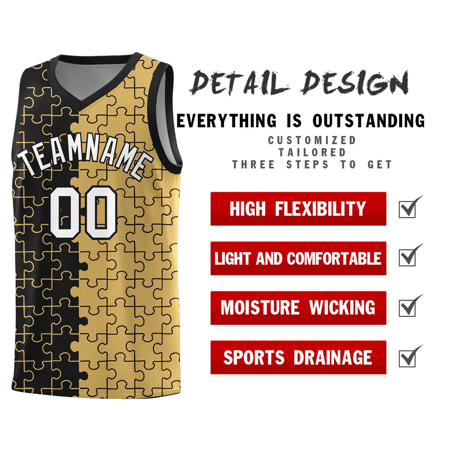 Custom Youth Basketball Jersey Black Old Gold Puzzle Pattern Moisture-Wicking Team Uniform