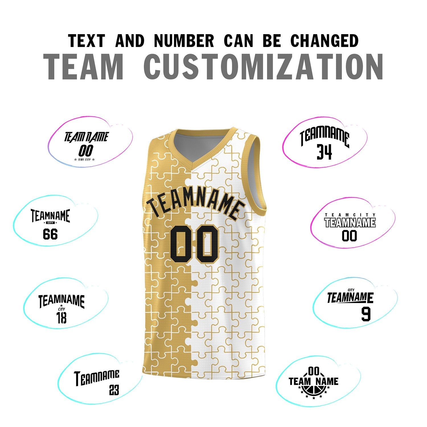 Custom Youth Basketball Jersey Old Gold White Puzzle Pattern Personalized Team Uniform