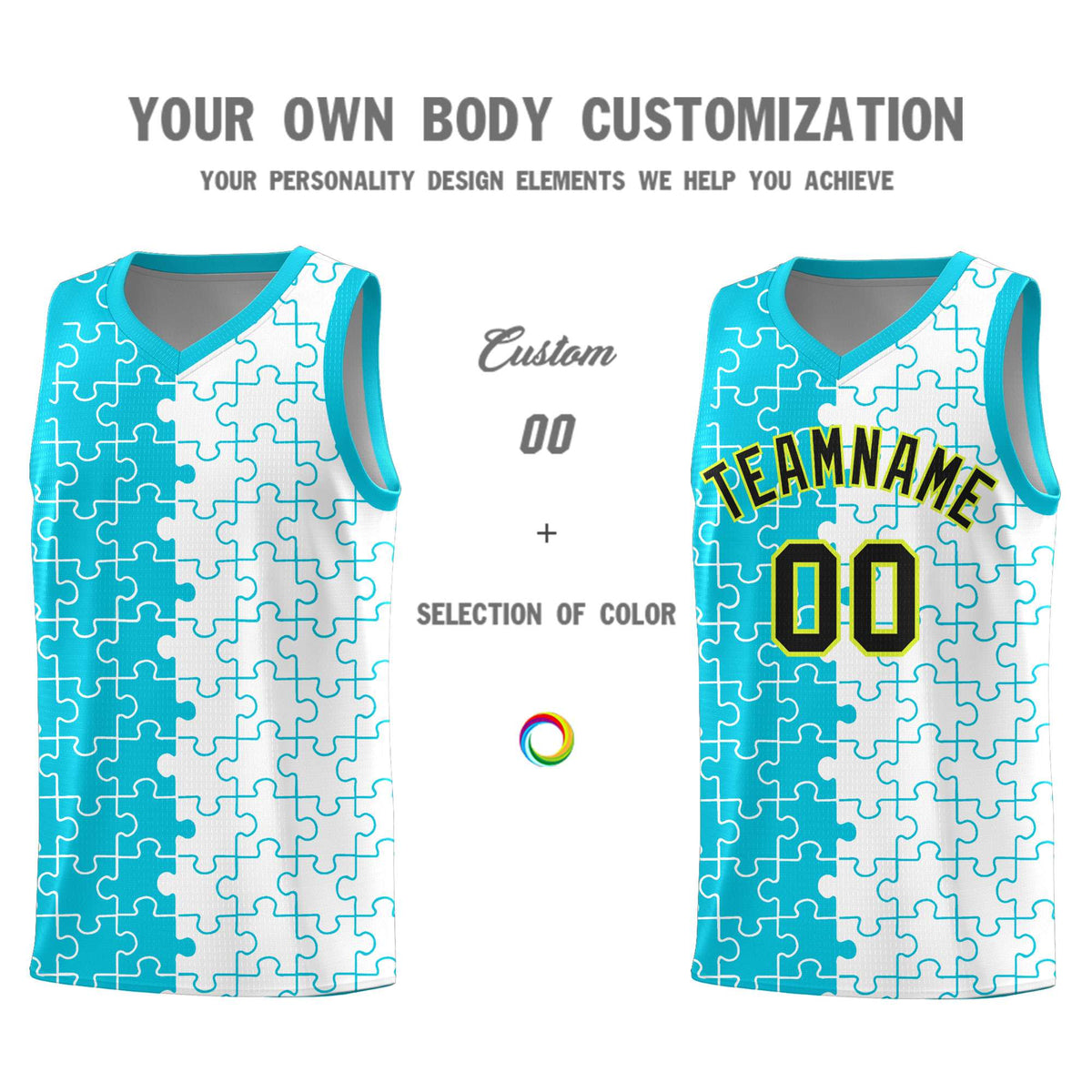 Custom Youth Basketball Jersey Sky Blue White Puzzle Pattern Breathable Team Uniform