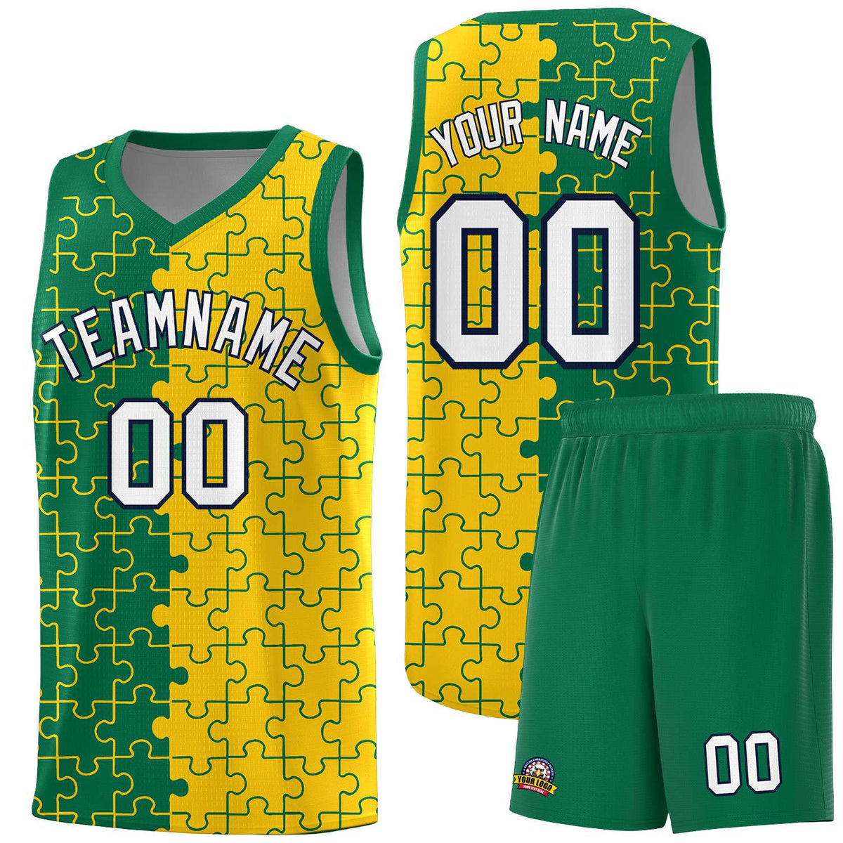 Custom Youth Basketball Jersey Kelly Green Gold Puzzle Pattern Personalized Team Uniform