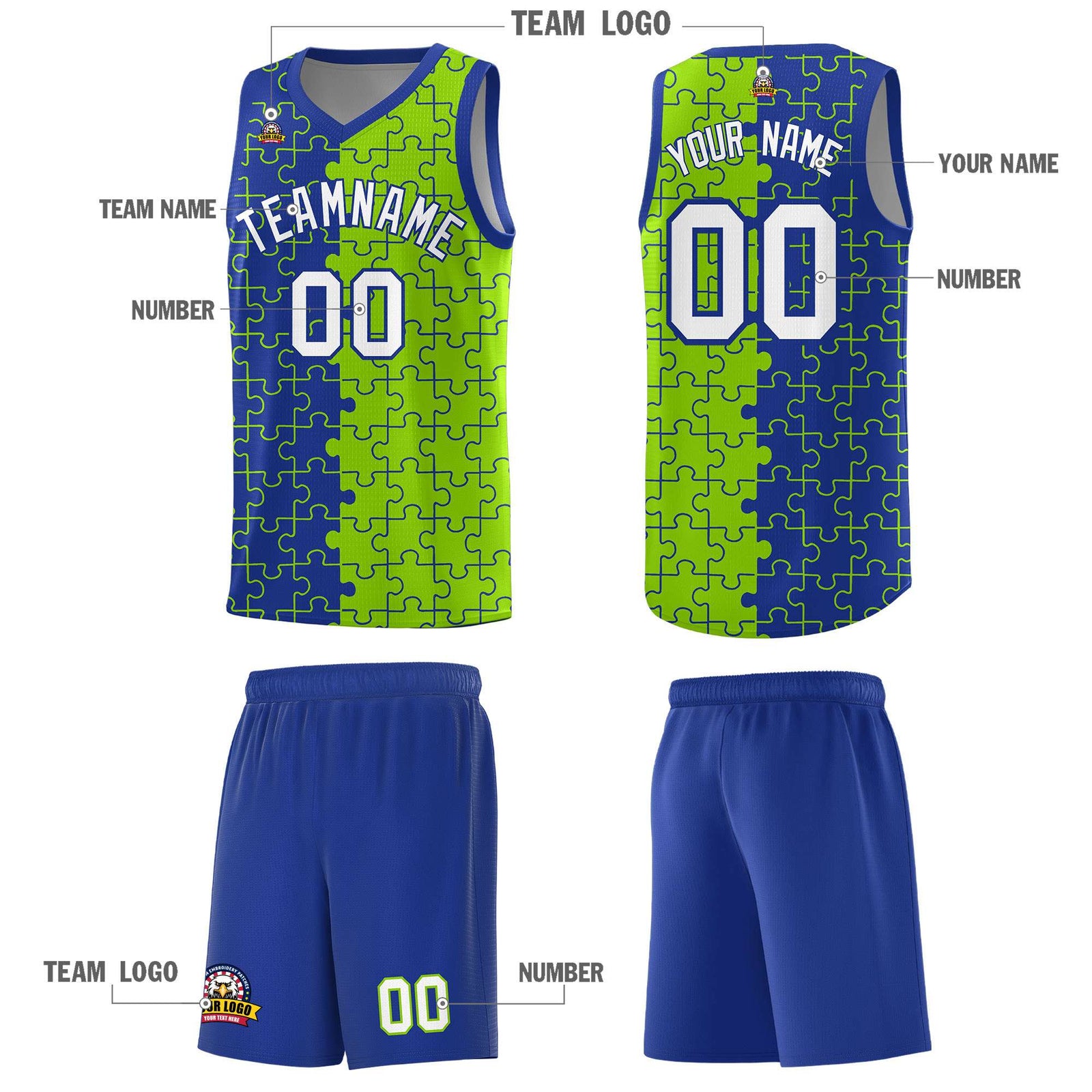 Custom Youth Basketball Jersey Royal Blue Neon Green Puzzle Pattern Moisture-Wicking Team Uniform