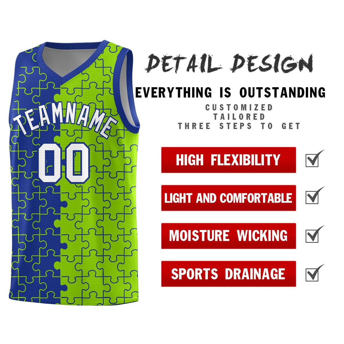 Custom Youth Basketball Jersey Royal Blue Neon Green Puzzle Pattern Moisture-Wicking Team Uniform