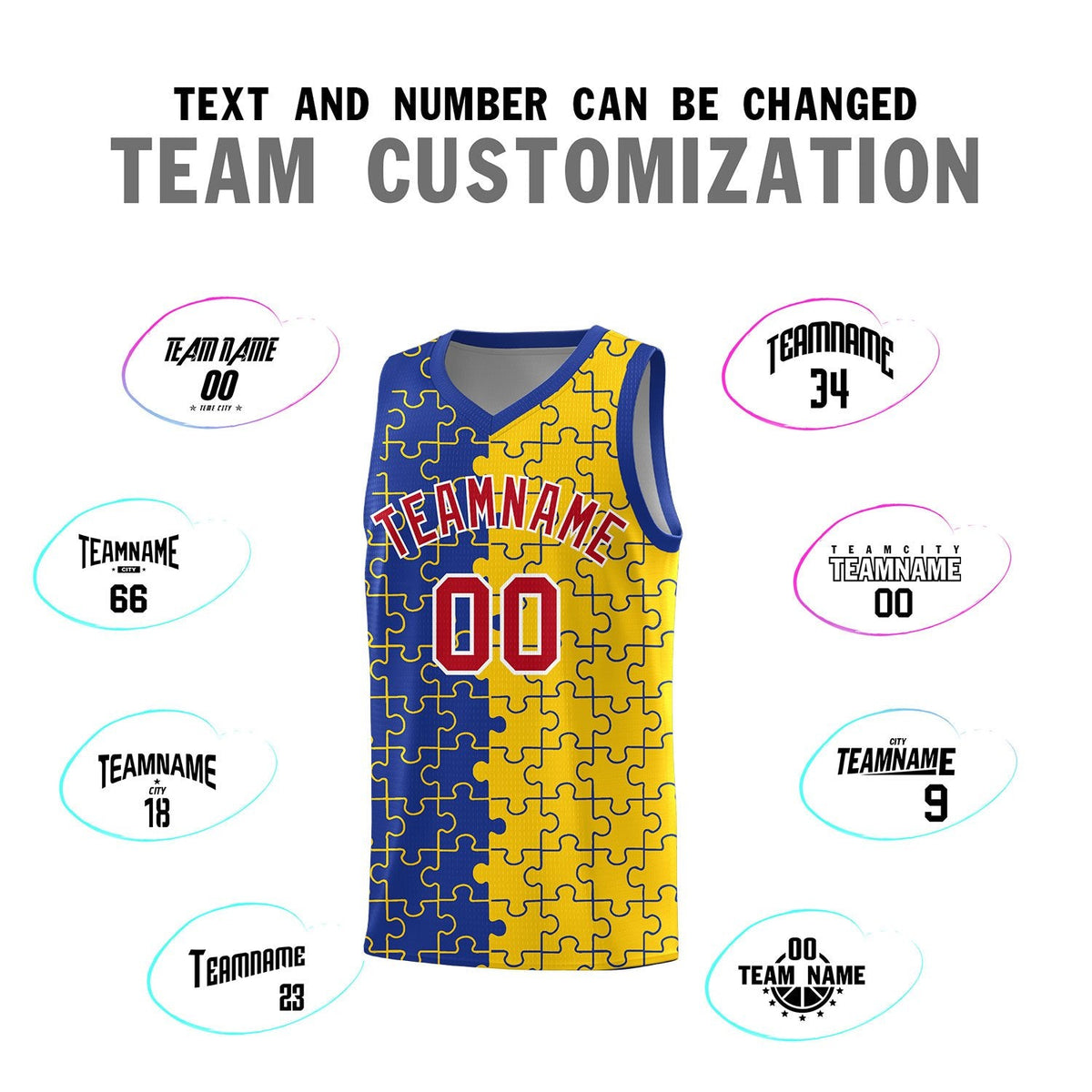 Custom Youth Basketball Jersey Royal Blue Gold Puzzle Pattern Add Name, Number &amp; Team Logo