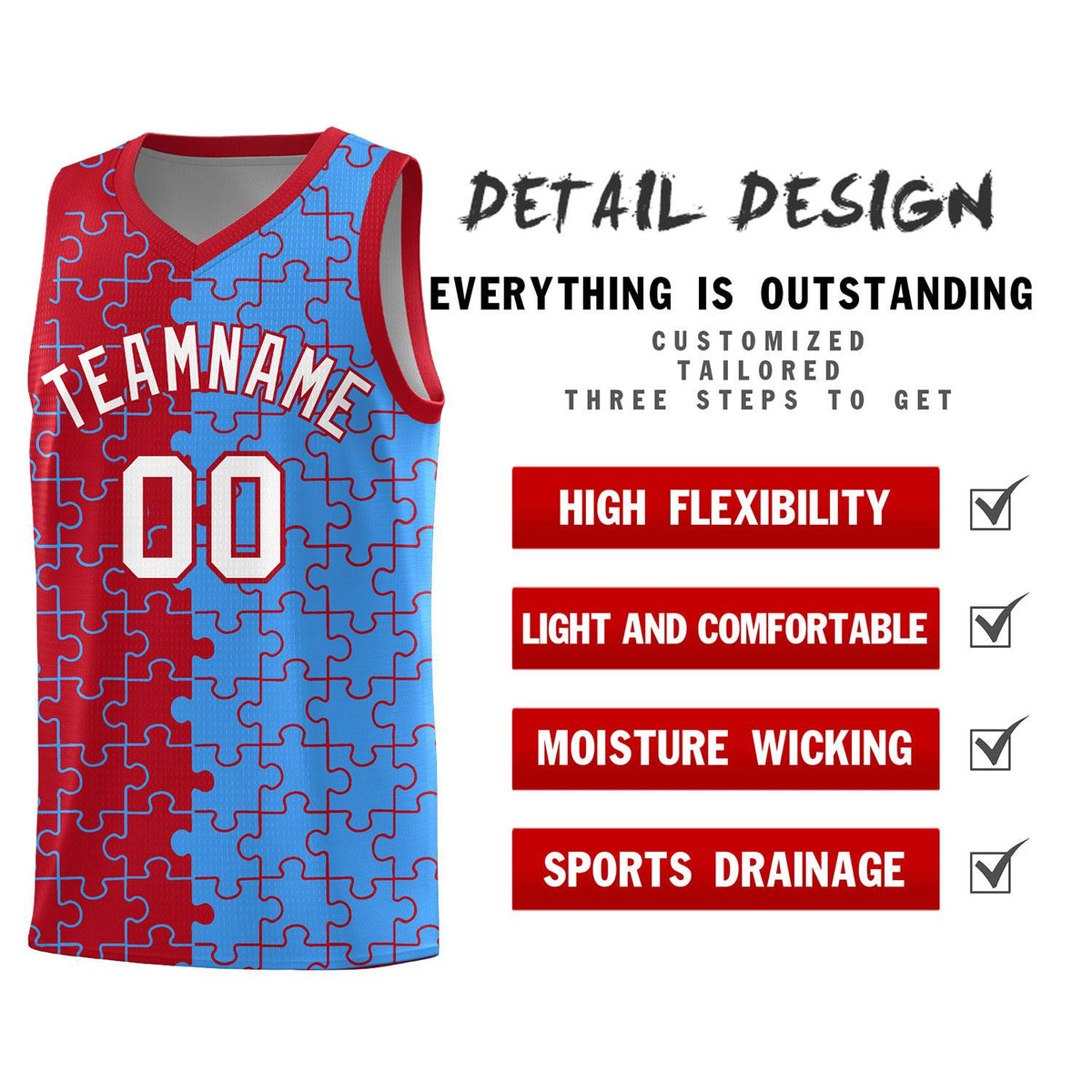 Custom Youth Basketball Jersey Red Light Blue Puzzle Pattern Moisture-Wicking Team Uniform